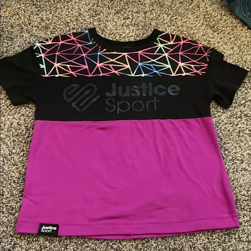 Justice Sport Black and Purple Tee with Colorful Geometric Design